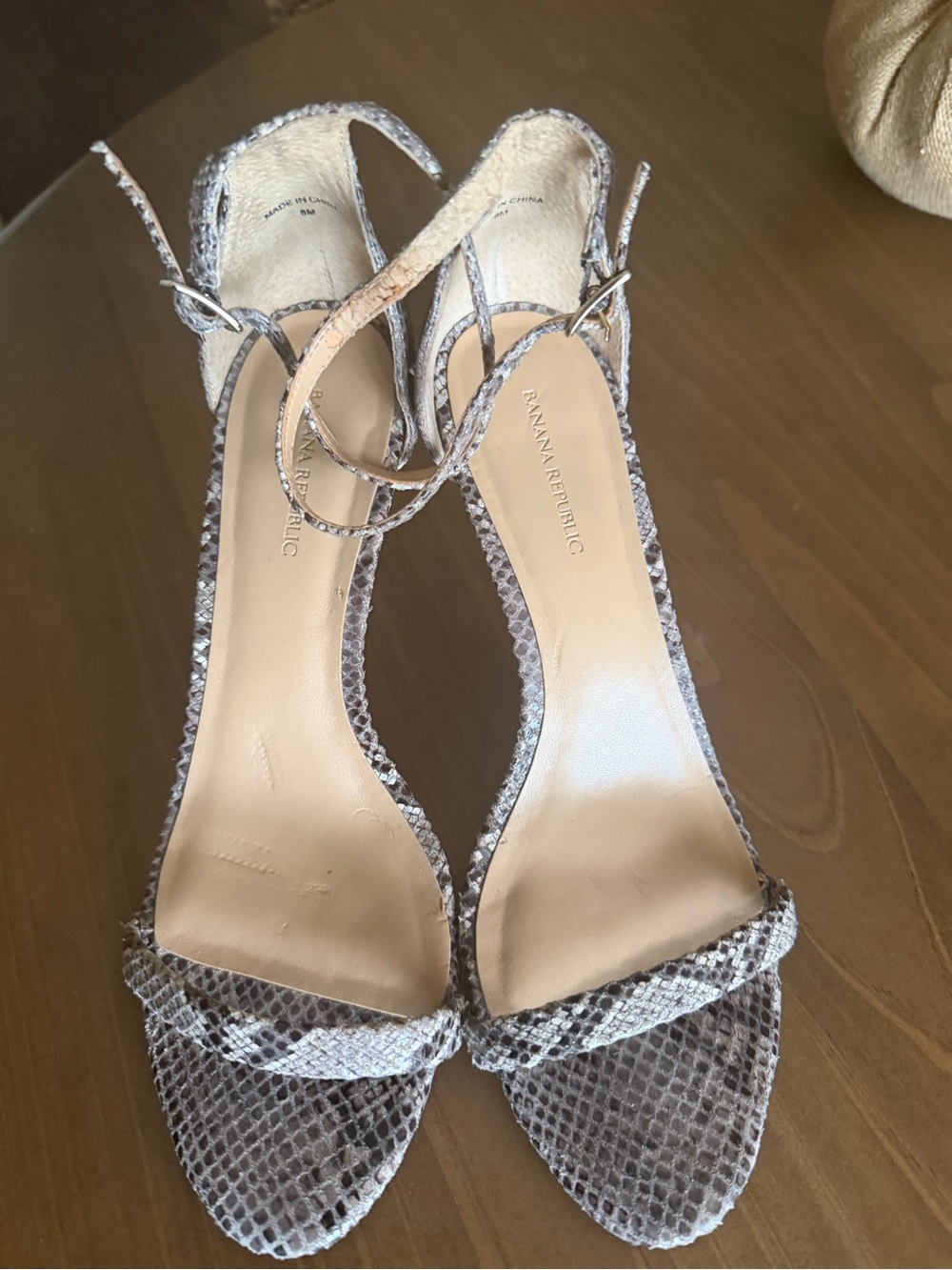 Banana Republic Snake-Print Ankle-Strap Heels in Gray and Cream